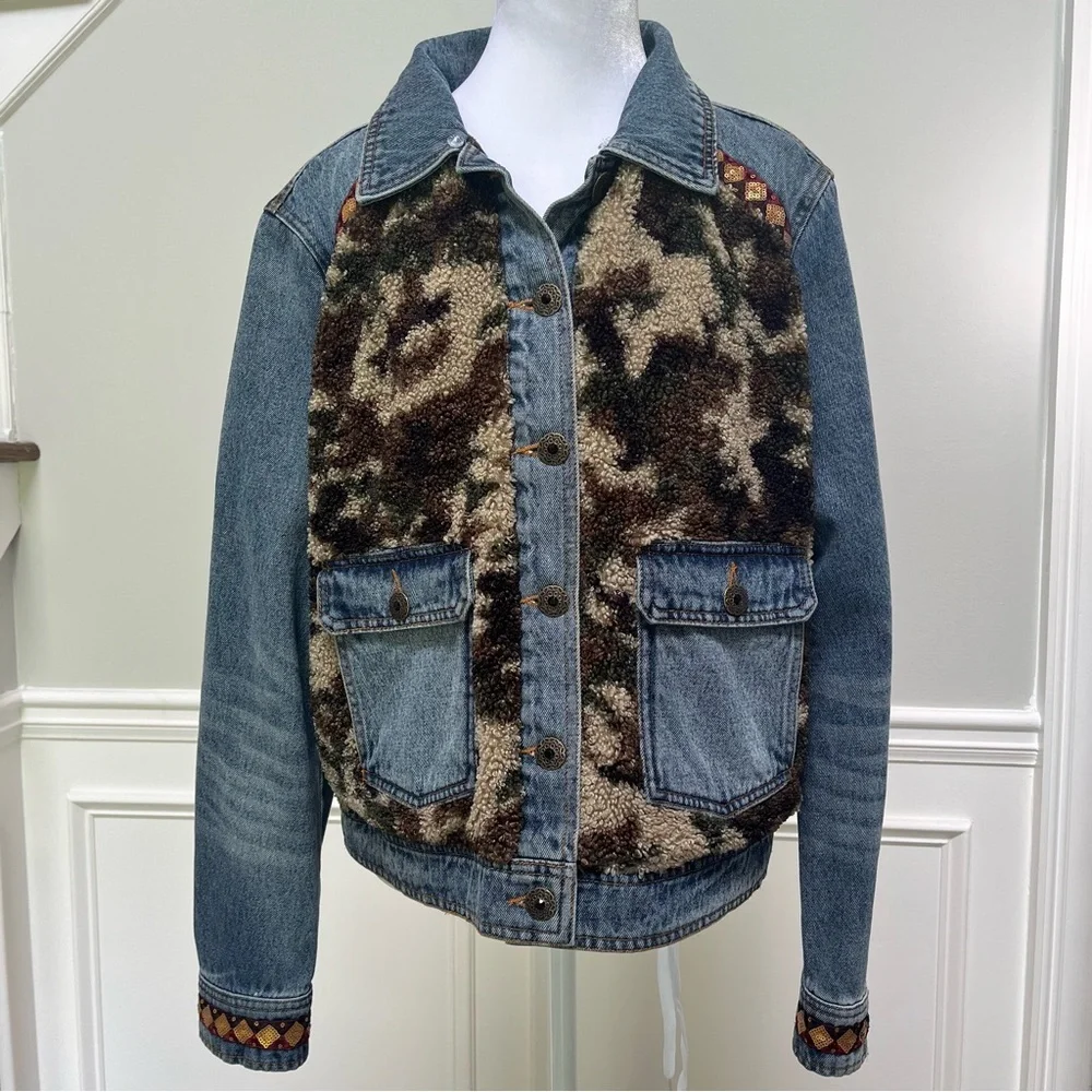Desigual Denim Camouflage Jean Jacket with Faux Fur XL - Picture 6 of 15